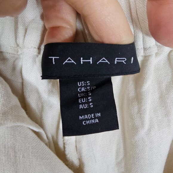 Tahari Linen Blend Embroidered Wide Leg Pants S Cream Scalloped Cropped Coastal - Picture 3 of 10